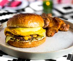 Hamburger on tiled table