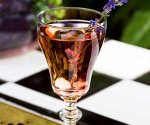 Closeup of cordial glass with pink cocktail