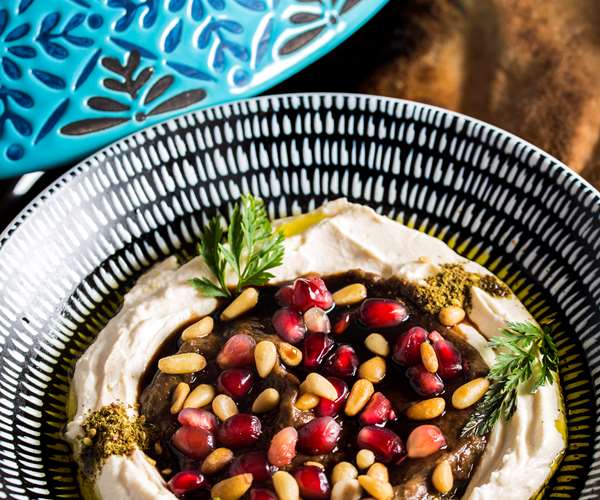 Baba Ghanoush topped with pomegranate seeds